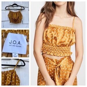 JOA Just One Answer Mustard Polka Dot Smocked‎ Ruffle Crop Top Blouse M